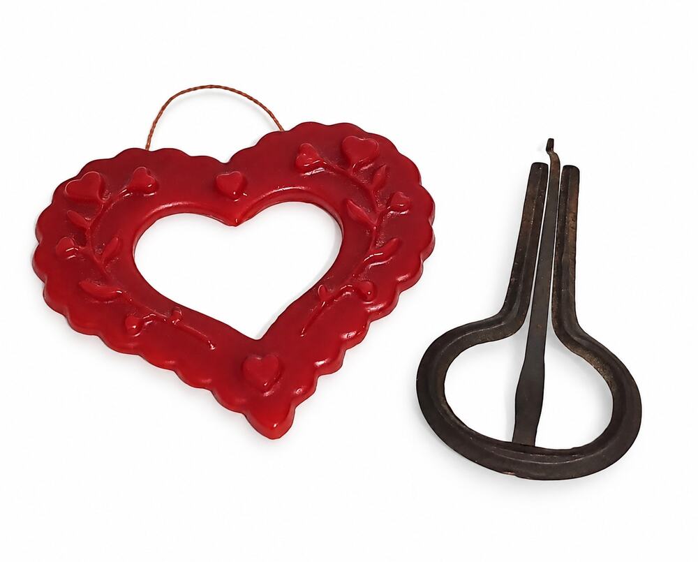 Vintage Red Heart Wall Hanging & Metal Jaw Harp Folk Art Decor Cottage Country